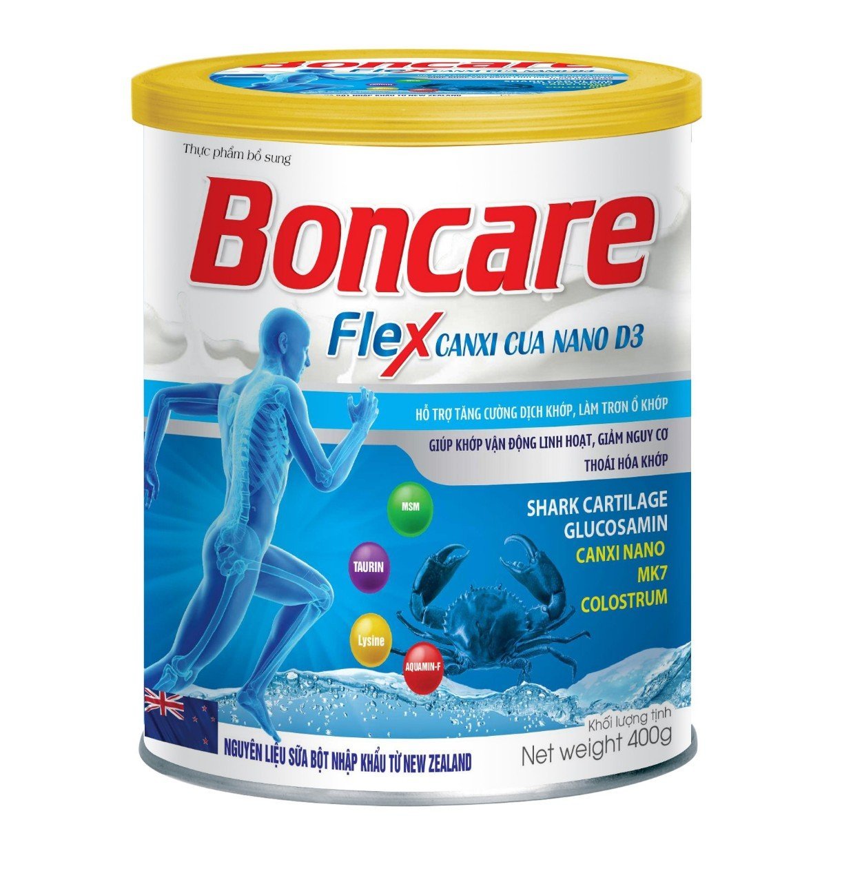 Sữa Bột Boncare Flex Canxi Cua Nano D3 với thành phần sụn vi cá mập, glucosamine, canxi nano MK7 Hỗ trợ tăng cường dịch khớp, làm trơn ổ khớp, giảm đau nhức xương khớp, giúp khớp vận động linh hoạt- hộp 400g - Nhất Tâm Pharma