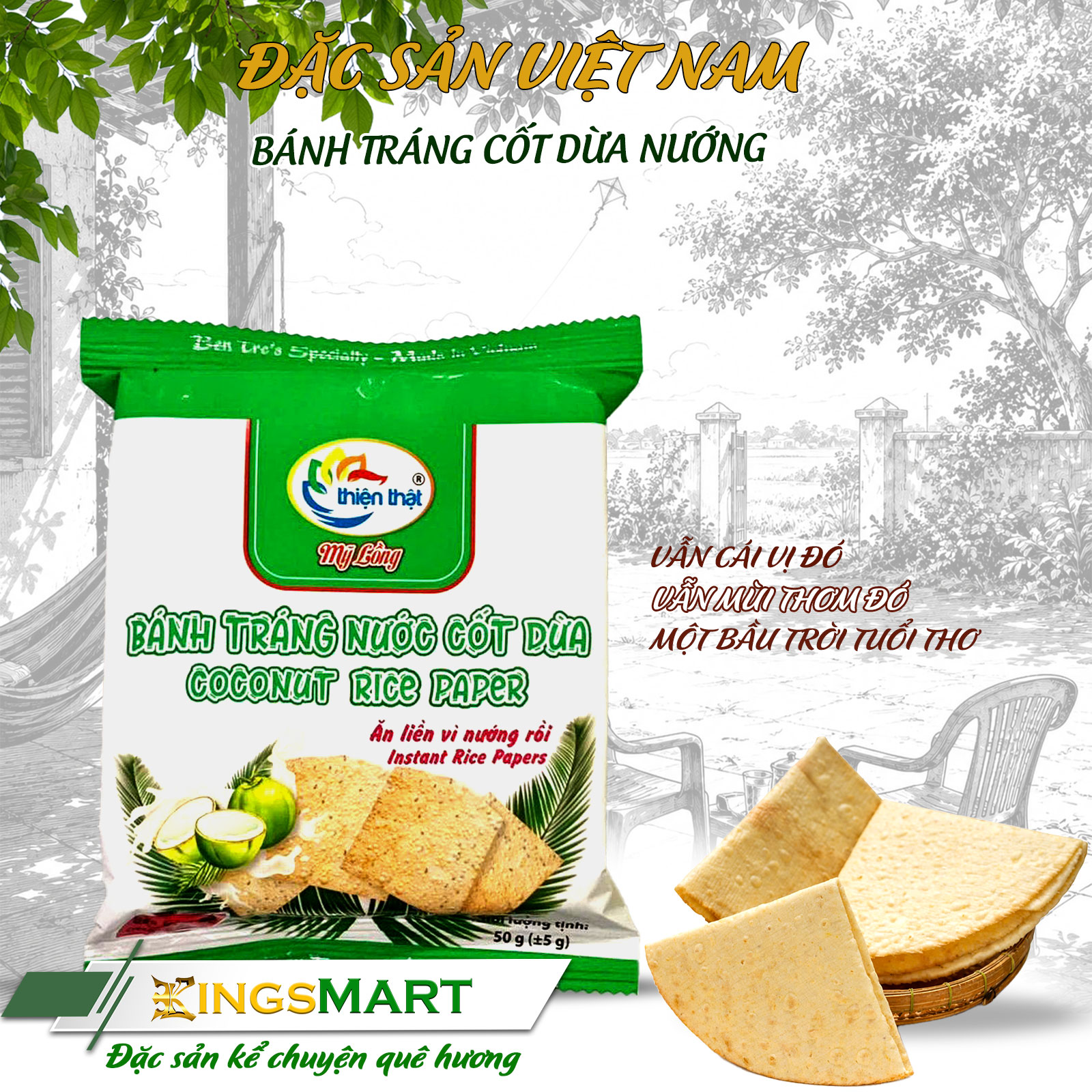 [Siêu tiết kiệm] Combo 10 Bánh tráng nướng nước cốt dừa - Thương hiệu THIỆN THẬT - Đặc sản Mỹ Lồng Bến Tre - Túi 50g - Kingsmart