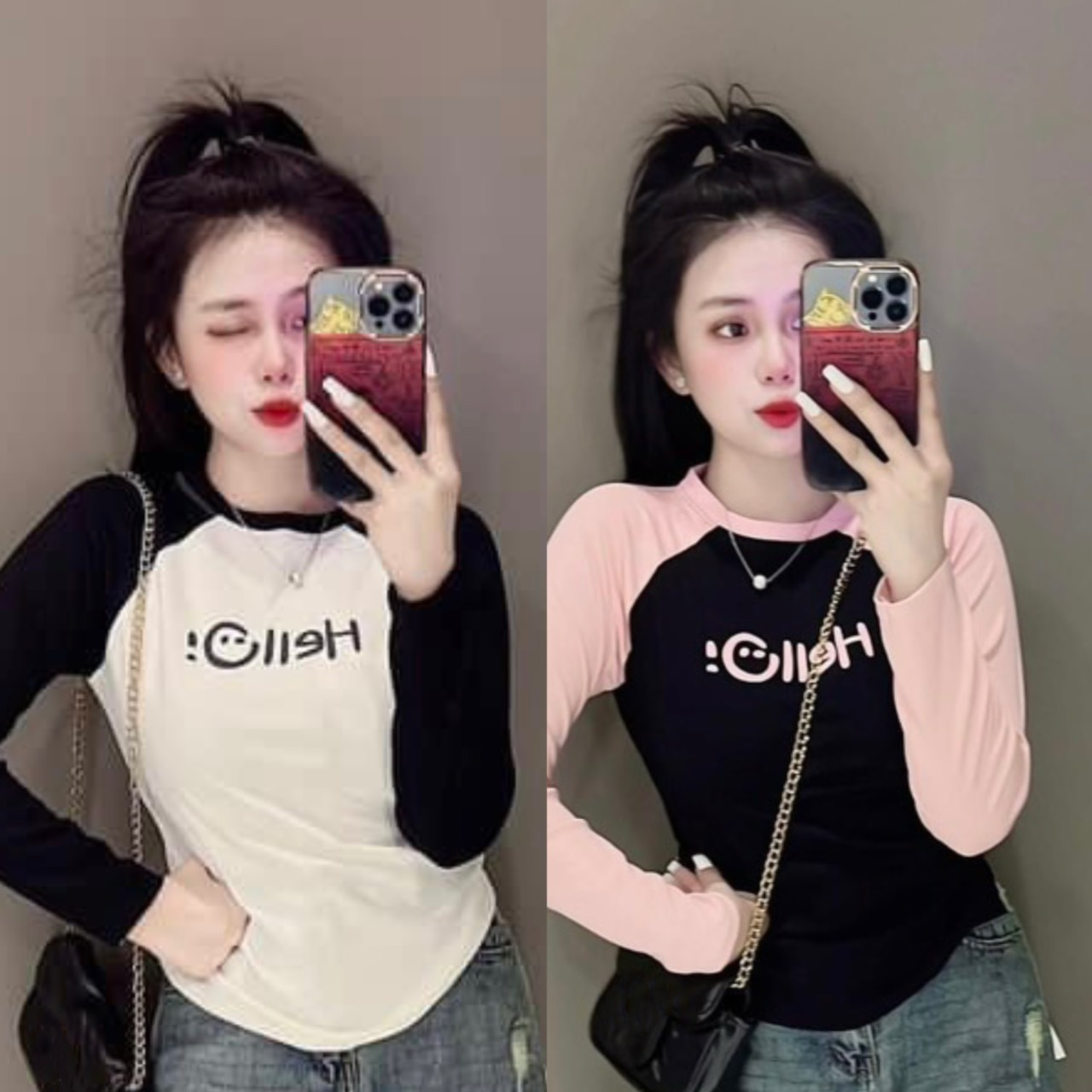 Áo thun ôm body nữ baby tee tay dài phối màu Chữ nổi( TD HELLO)