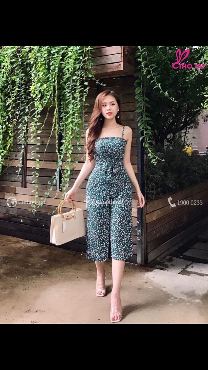Jum hoa quần lửng áo 2 dây cột nơ eo cực xinh Jumhoaquanlung
