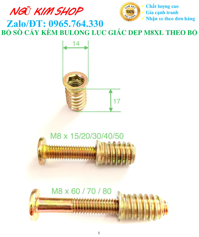 Sò cấy kèm bulong lục giác dẹp m8 x l theo bộ