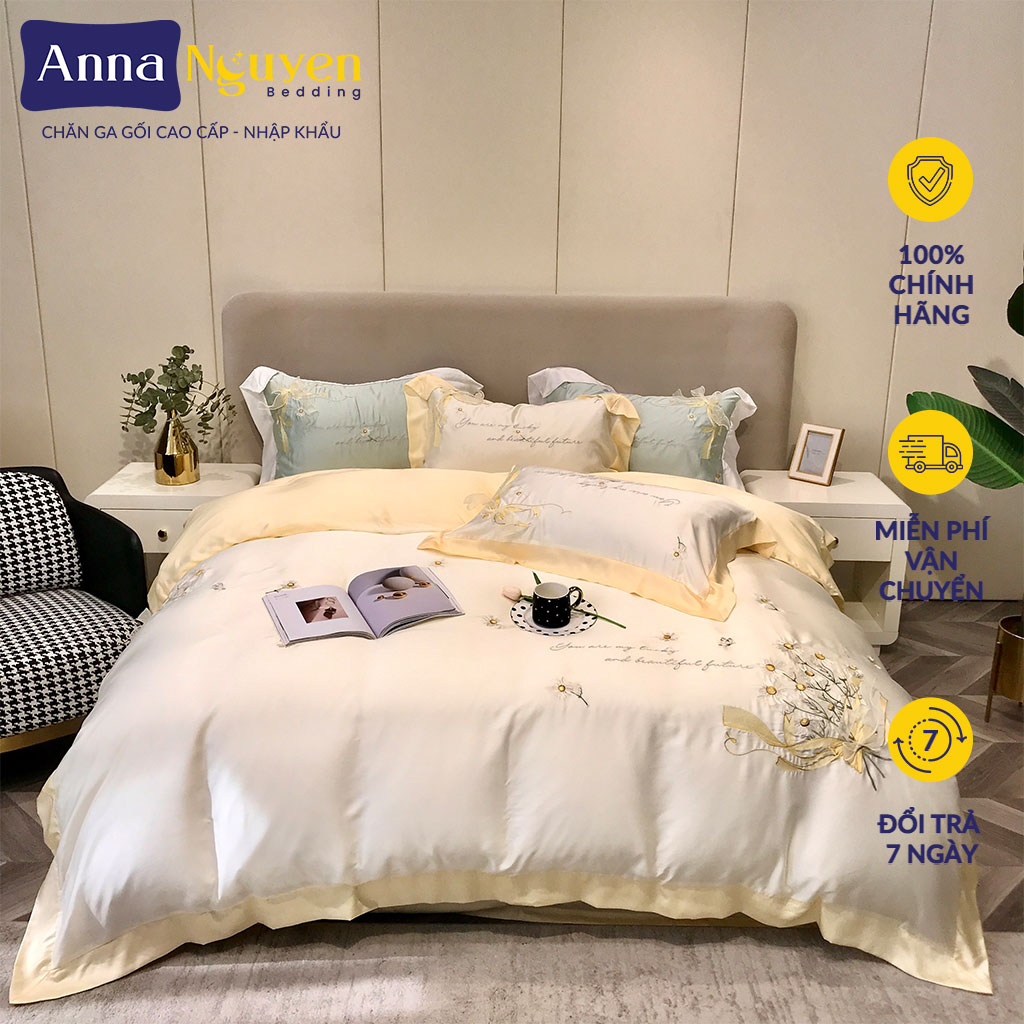 Bộ chăn ga gối nệm lụa tencel 120s thêu họa cao cấp bo chun drap giường - anna nguyen bedding