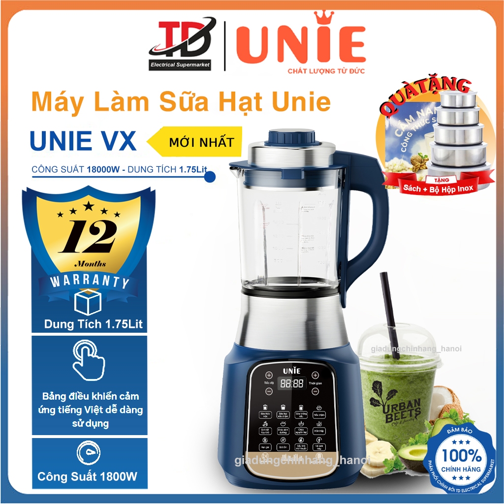 Máy làm sữa hạt unie vx, 1800w - 1.75lit, công nghệ tạm dừng - sấy khử khuẩn, hàng chính hãng
