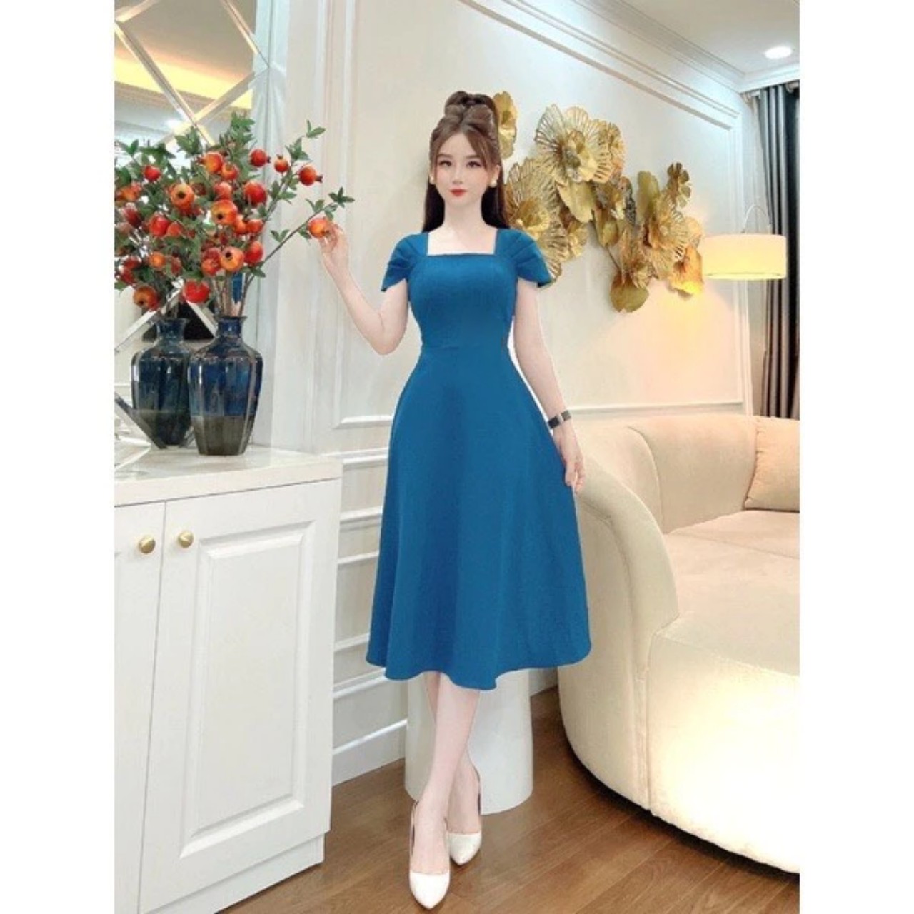 Đầm dự tiệc midi dáng xòe cổ vuông cực xinh