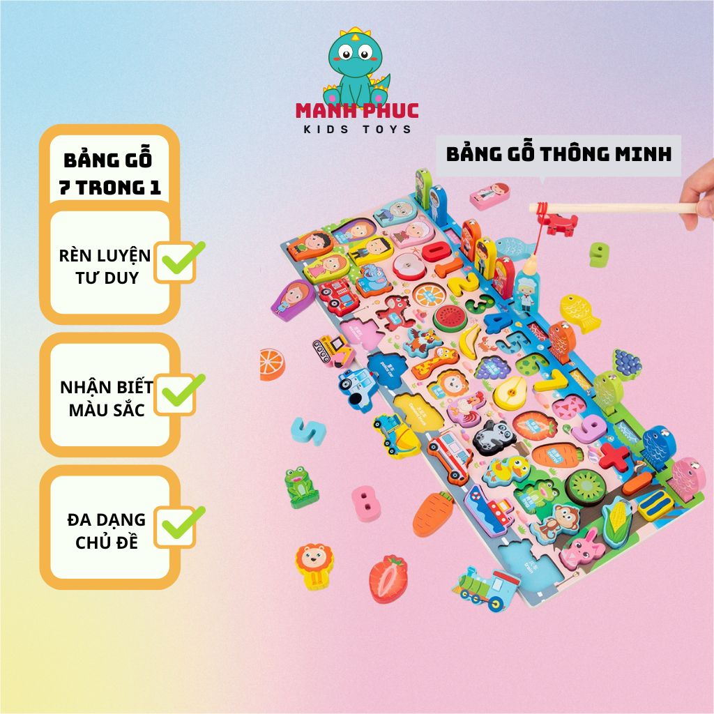 Bảng ghép hình bằng gỗ, nhiều chủ đề, hình học, chữ số bảng chữ cái, đồ chơi câu cá 7 trong 1 cho bé.