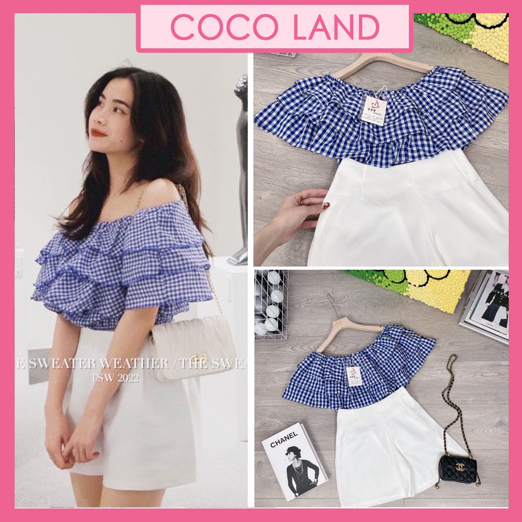 Sét Áo trễ vai nữ tay ngắn trễ vai croptop phối bèo CARO MIX QUẦN TRẮNG babydoll váy xinh ulzzang - quần mầu trắng