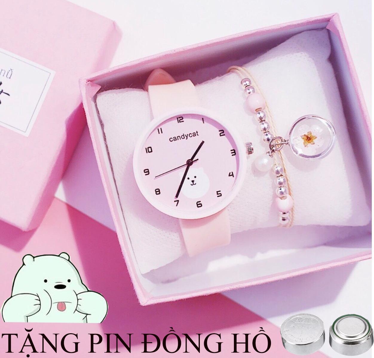 [HCM]đồng hồ dây cao su Candycat hình gấu trắng cute máy pin chịu nước nhẹ ( tặng kèm pin )