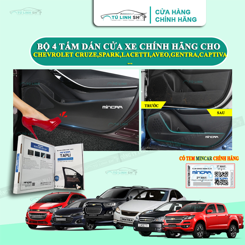 Bộ 4 Tấm dán Tapli xe Chevrolet Colorado, Aveo, Gentra, Cruze, Lacetti, Orlando, Spark,Trailblazer chính hãng MINCAR, chống xước tapi cửa ô tô bằng Carbon Air Fiber cao cấp