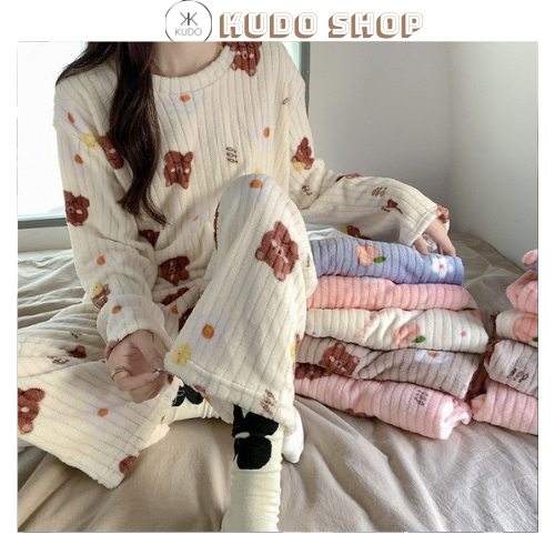 Bộ đồ ngủ nữ dài tay nhiều màu vải lông cừu san hô,Bộ pijama nữ ấm áp mùa đông phong cách ulzzang dễ