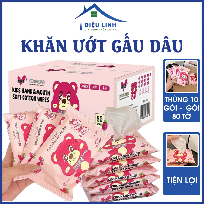 Khăn ướt gấu dâu, Thùng 10 khăn ướt gấu dâu, Hộp 10 bịch khăn giấy ướt gấu hồng mẫu mới - Khăn ướt gấu dâu Lotso thùng giấy tiện lợi Tramanhshop