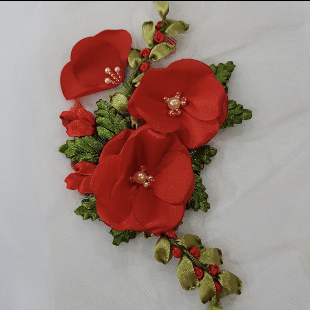 [Ảnh thật] [Có sẵn] hoa thêu ruy băng trà