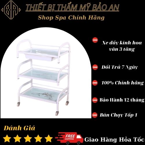 Xe đẩy spa 3 tầng mặt kính hoa văn có khay