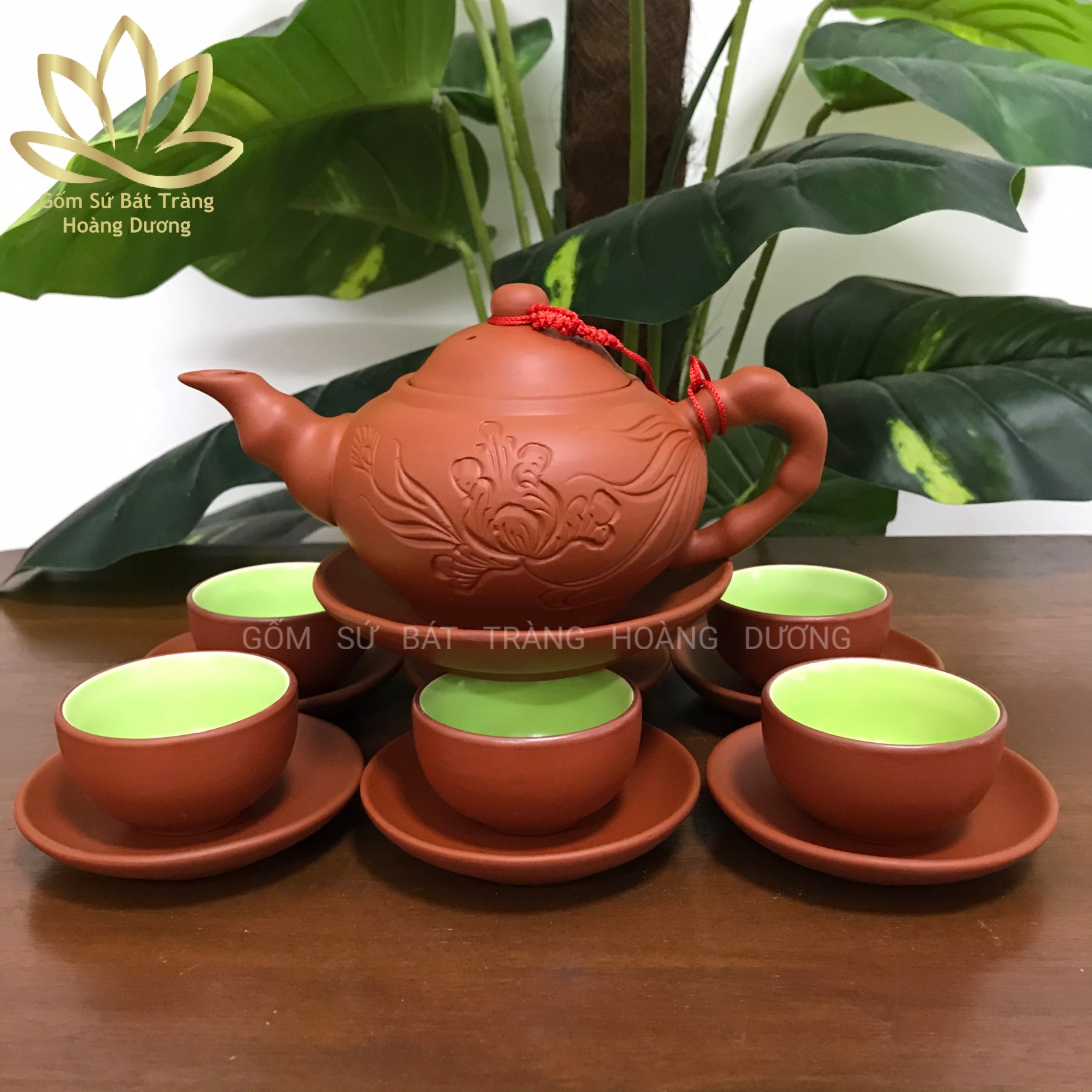 Bộ ấm chén Bát Tràng đất nung vẽ tay hoa phù dung 230ml màu đỏ