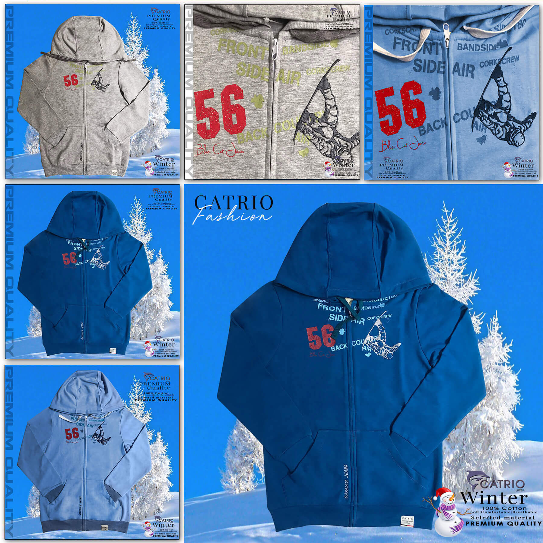 ÁO KHOÁC TRẺ EM CATRIO là áo khoác thun cho trẻ em từ 35kg ..55KG, HÌNH THÊU SÓC NHỎ, vải 100% cotton, dệt kiểu da cá, có khóa kéo và mũ đội đầu, BST quần áo mùa thu đông của trẻ em