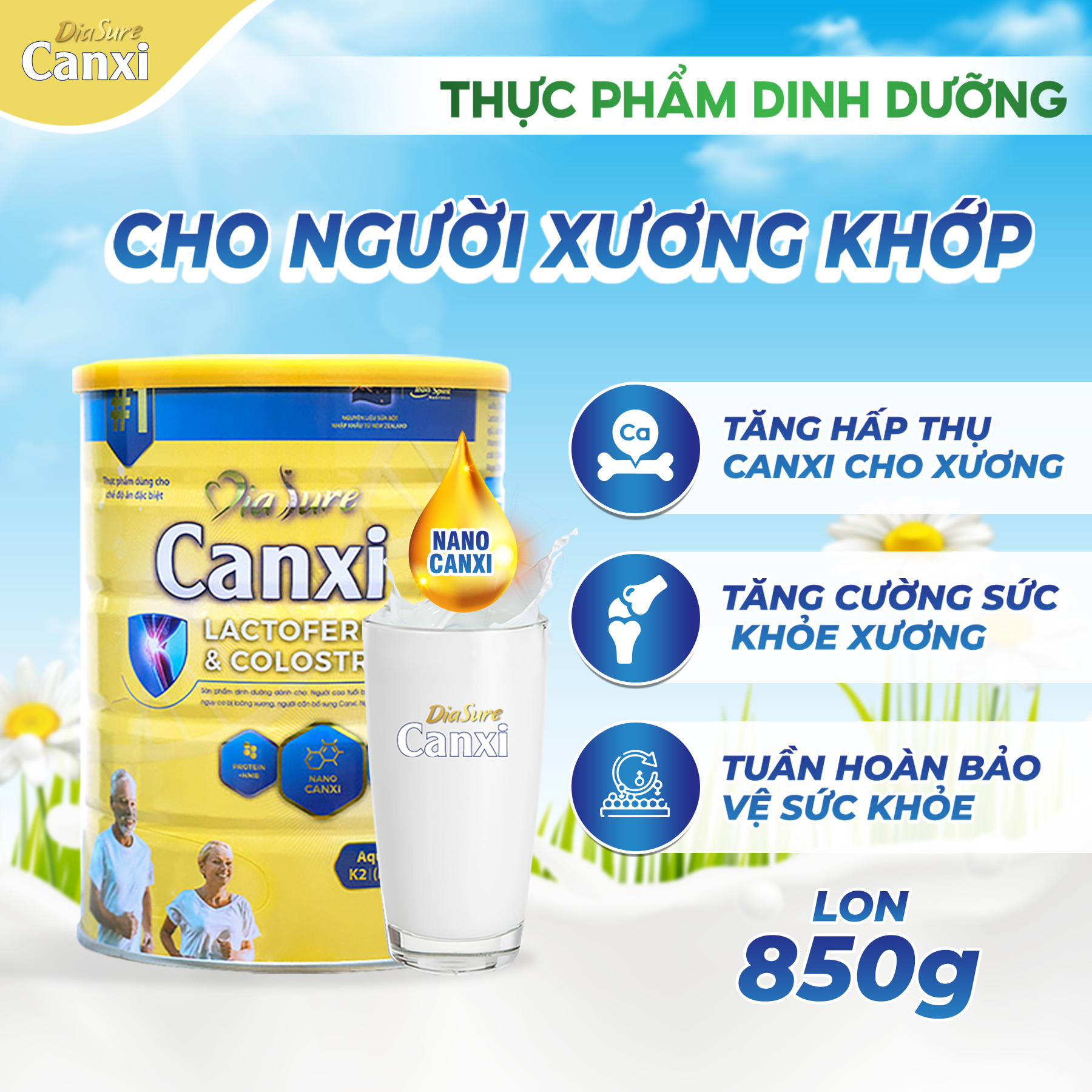 Sữa bột Diasure Canxi 850g bổ sung dinh dưỡng, nano canxi phòng chống loãng xương, cải thiện vấn đề xương khớp