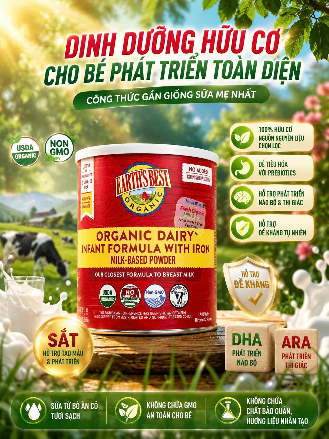 Sữa Bột Hữu Cơ Cho Bé Earth's Best Organic Dairy Infant Formula With Iron 595gr Mỹ