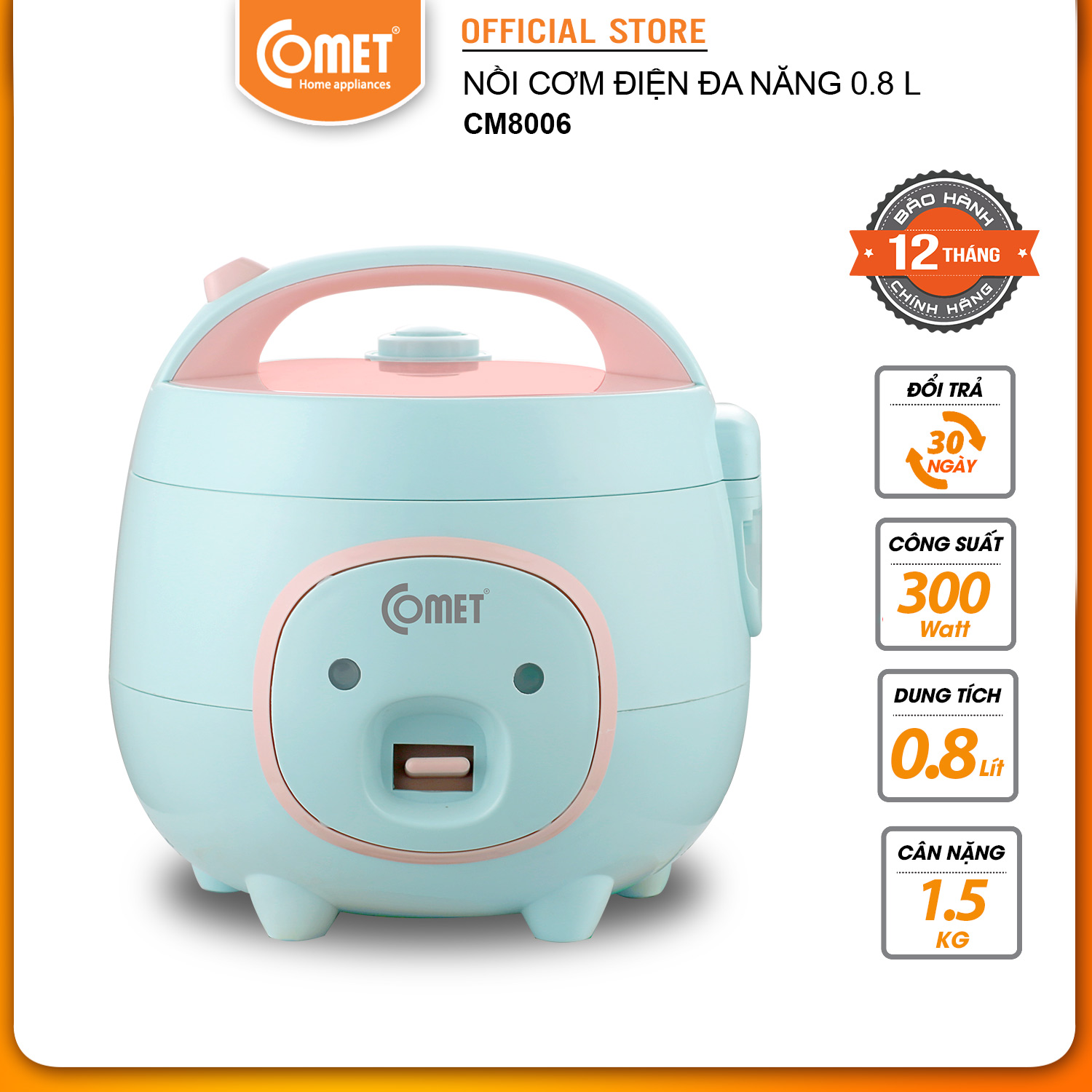 Nồi cơm điện mini nắp gài dung tích 0,8 lít, nồi cơm 1-3 người ăn, nồi nấu cho bé ăn dặm - Comet CM8006 - Nồi cơm heo con