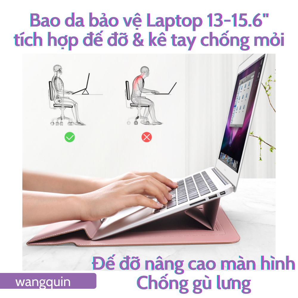 Sẵn VN - SHIPNOW W&Q Bao Da Bao Laptop Macbook 13 - 13.3 - 14 - 15.4 - 15.6 inch Sang Trọng Cao Cấp Nhiều Tính Năng Tích Hợp Giá Đỡ và Kê Tay