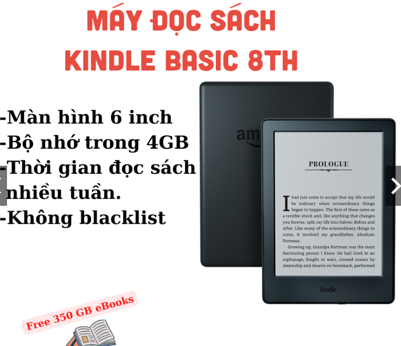 Máy Đọc Sách Amazon Kindle Basic 8th không có đèn nền
