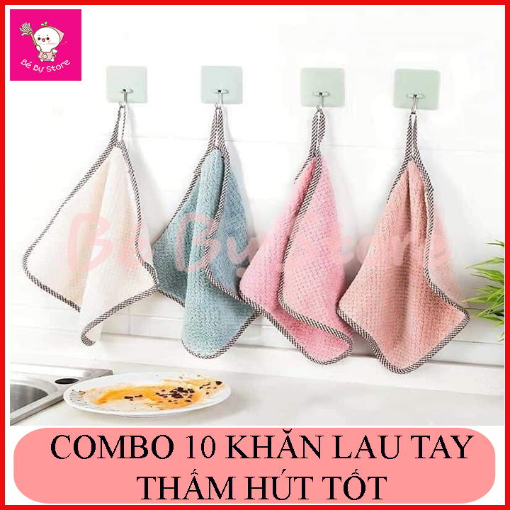 Combo 10 Khăn tay lau nhà bếp, lau chén bát có móc treo tiện dụng