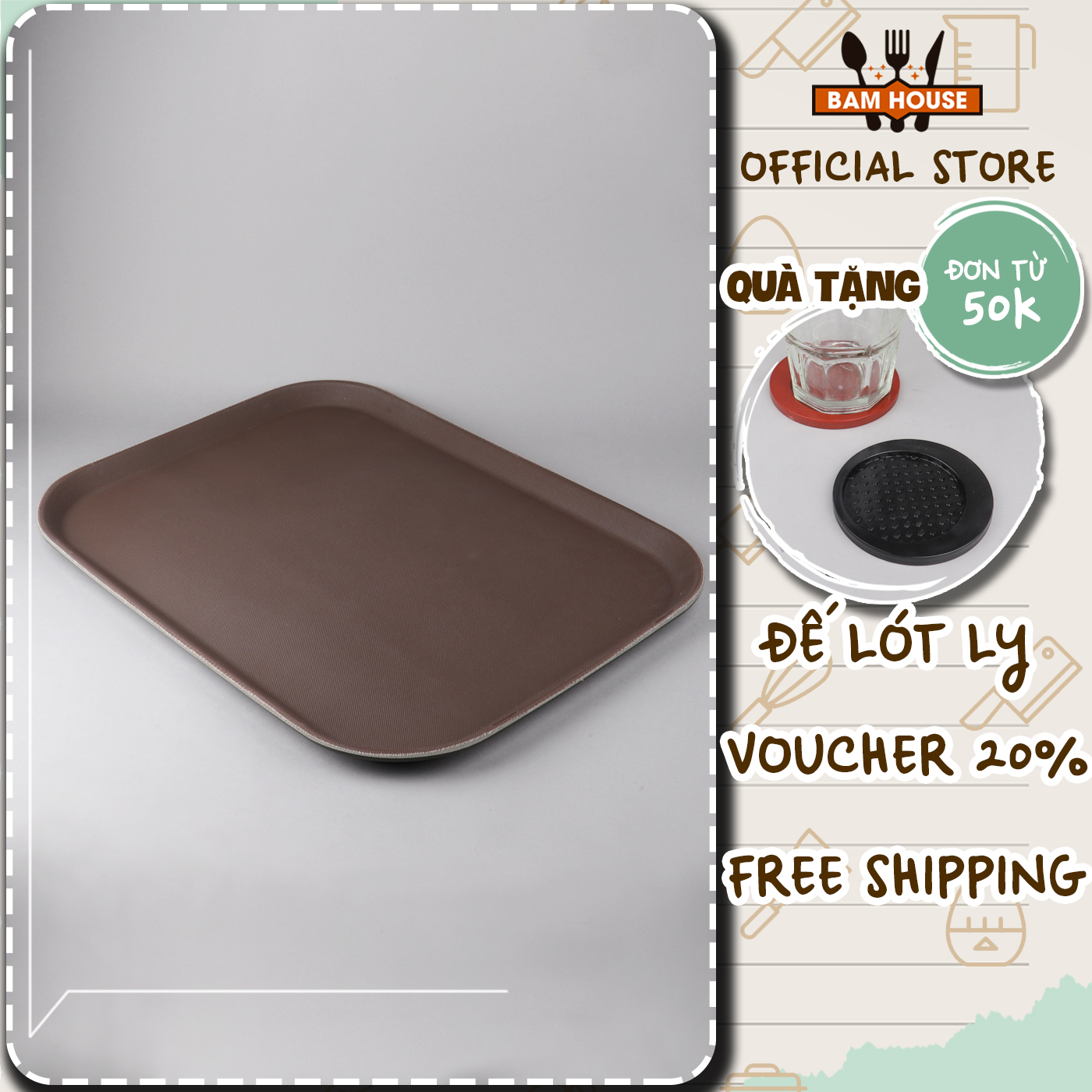 Khay phục vụ hình chữ nhật Bam House chống trơn trượt nhựa cao cấp 35x40cm KV02 - Gia dụng bếp