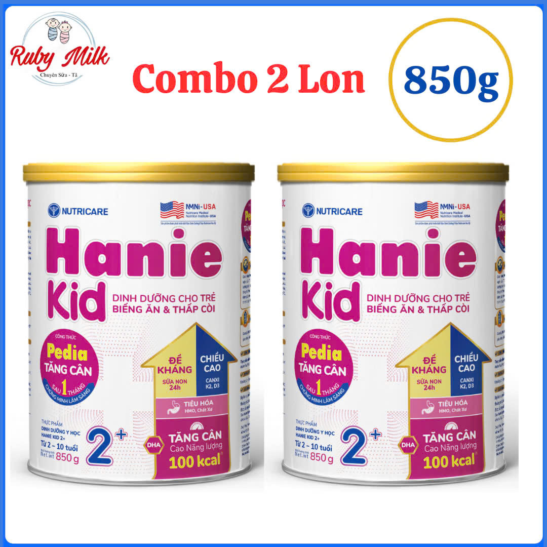 Combo 2 Lon Sữa Bột HANIE KID 2+ Lon 850g Cho Bé 2 -10 Tuổi Sữa Non 24H Cao Năng Lượng Cho Bé Suy Dinh Dưỡng Biếng Ăn Thấp Còi