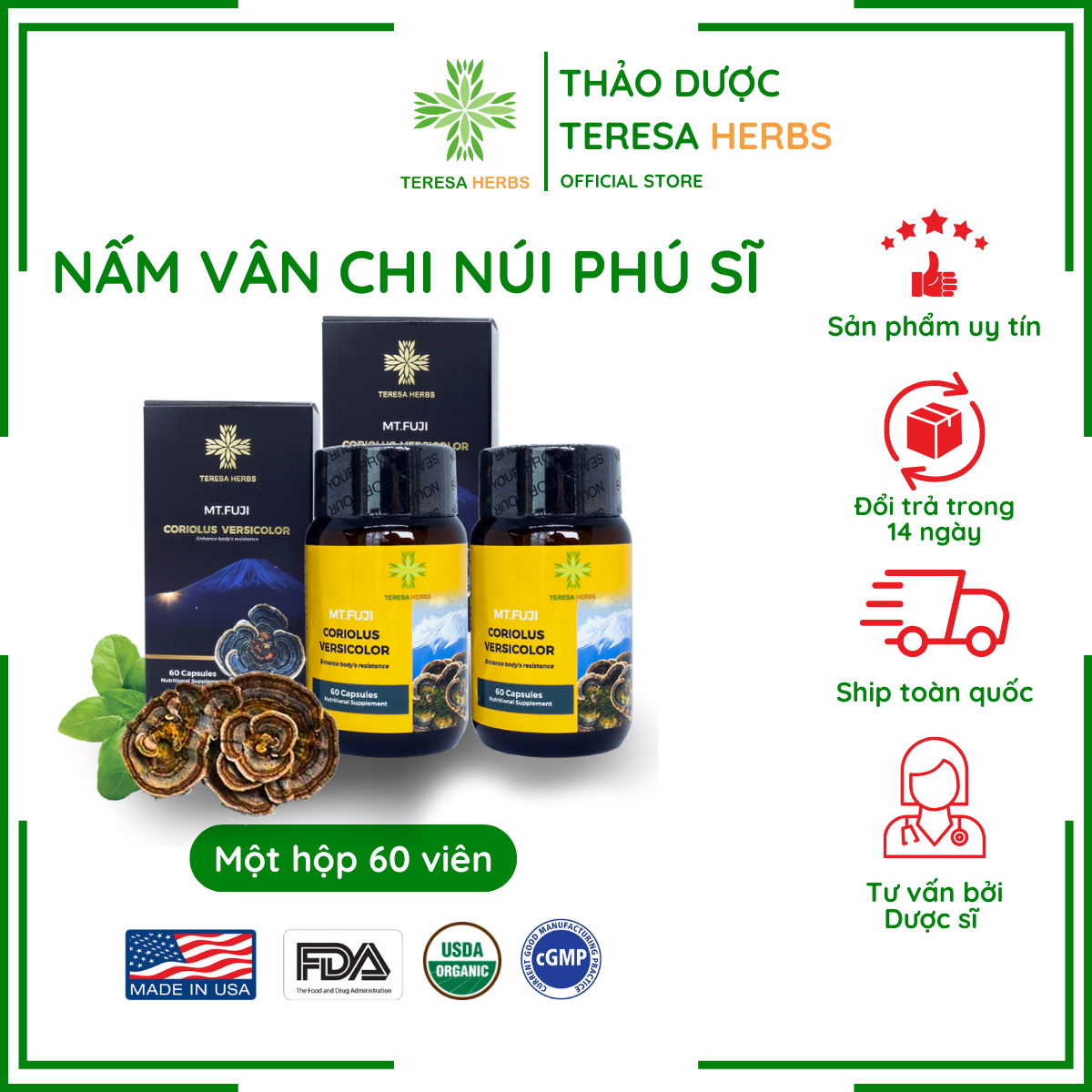 Combo 2 Viên Tinh Chất Nấm Vân Chi Núi Phú Sĩ Giúp Tăng Hệ Miễn Dịch Kháng Khuẩn Và Virus HPV, Ức Chế Tế Bào Ung Thư Hộp 60 Viên
