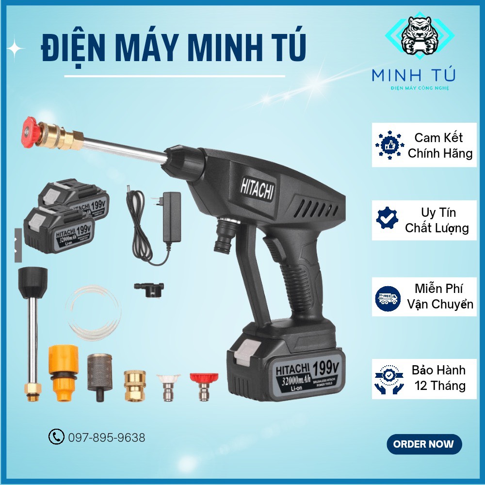 Máy rửa xe pin 199v hitachi, áp lực cao, đa năng tiện dụng, bảo hành 12th
