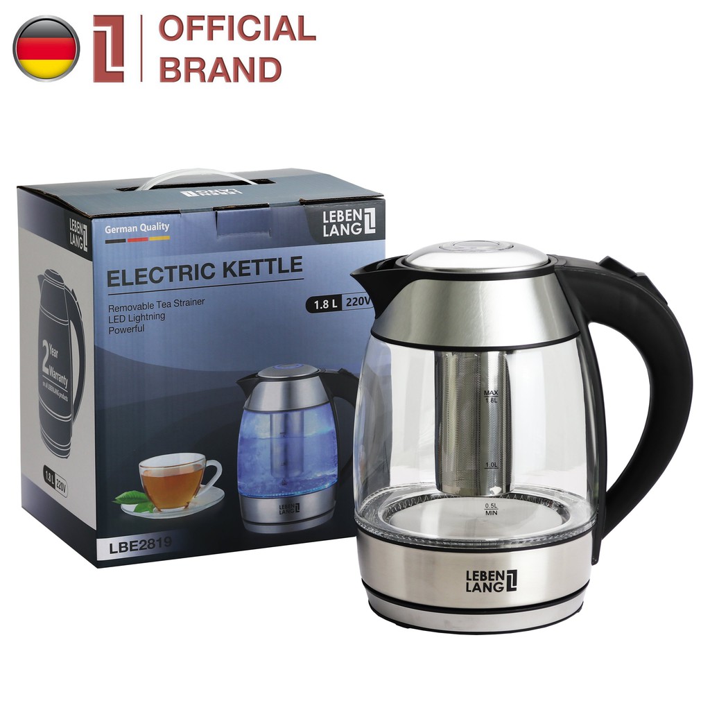 Ấm đun nước siêu tốc lebenlang lbe2819 - bình siêu tốc thuỷ tinh có kèm lõi lọc trà - hàng chính hãng bảo hành 24 tháng