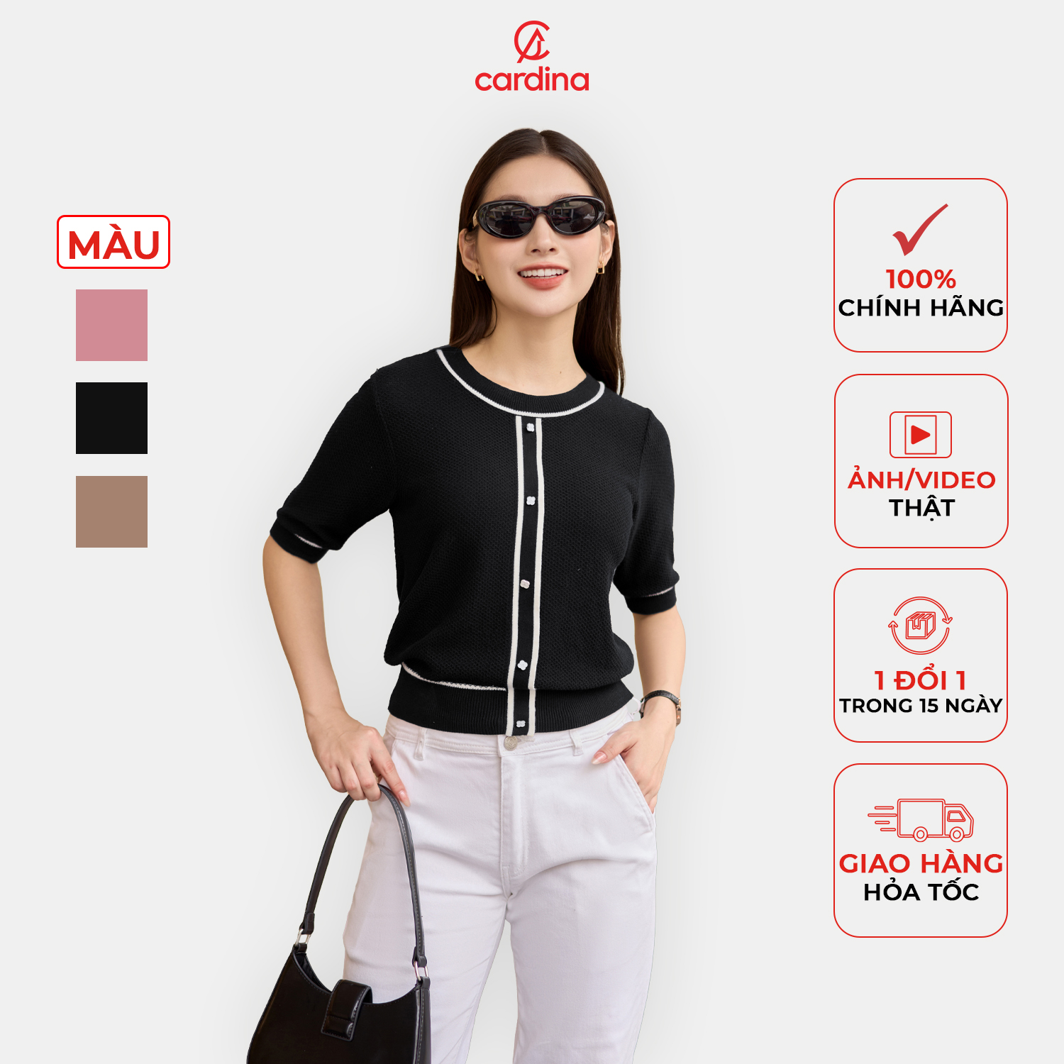 Áo kiểu nữ CARDINA chất liệu len mongtoghi mỏng nhẹ thiết kế cổ tròn phối viền tinh tế trẻ trung 4ALL12