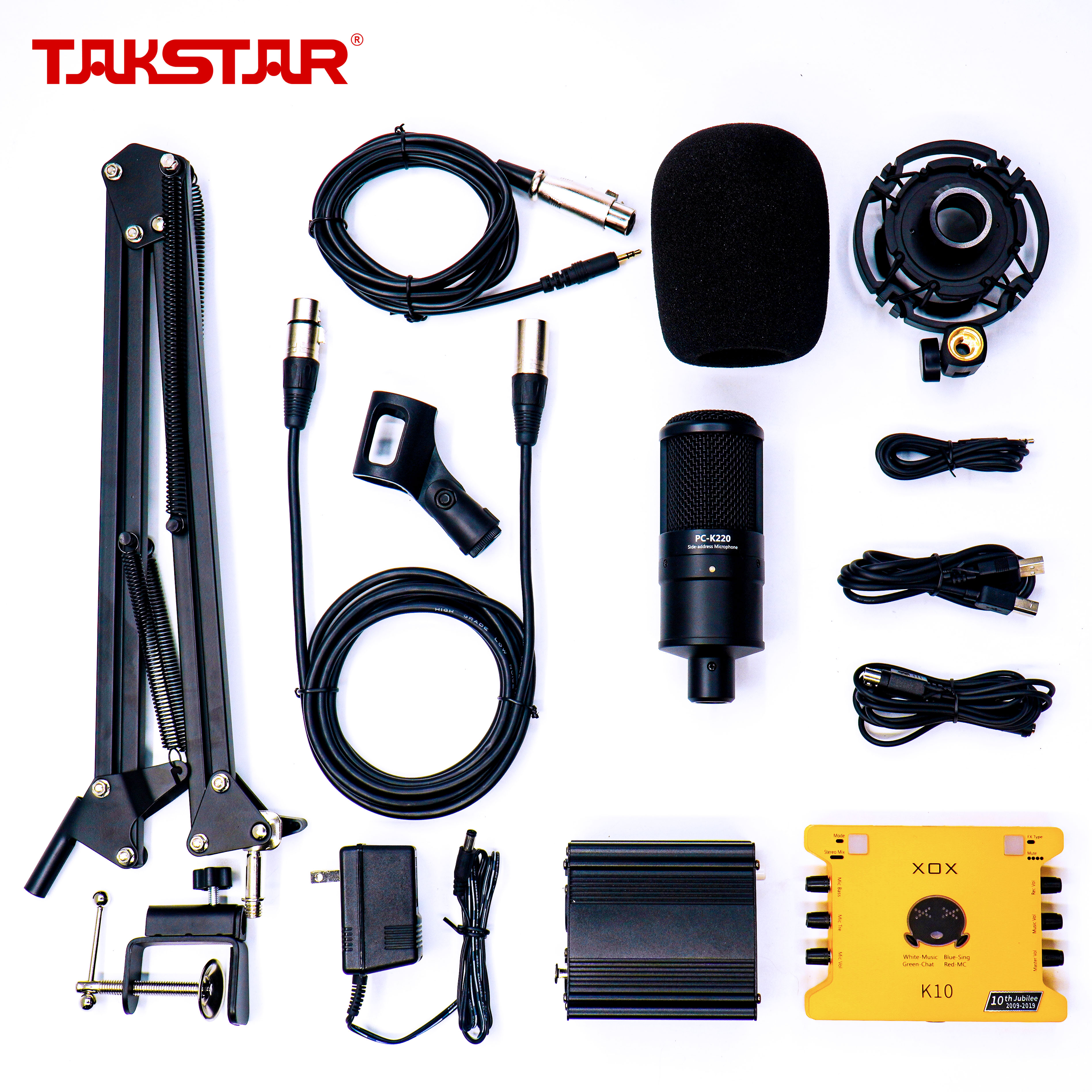 Bộ Mic Livestream Chính Hãng Đầy Đủ Mic Takstar PC-K220, Sound Card K10 XOX, Nguồn 48V & Phụ Kiện Cao Cấp Bảo Hành 1 Năm