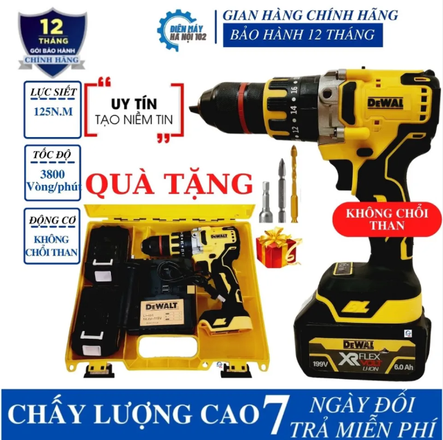 Máy Khoan Pin  DeWalt 199v - Loại Tua Cao  -  Đầu Cặp 13 MM - Pin Khủng 199V 10 cell - Công Xuất Cực