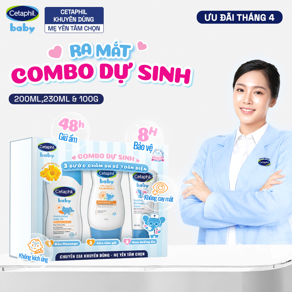 Combo dự sinh 3 bước chăm sóc da bé toàn diện Dầu Massage 200ML + Sữa tắm gội 230ML + Kem dưỡng ẩm 100G Cetaphil Baby
