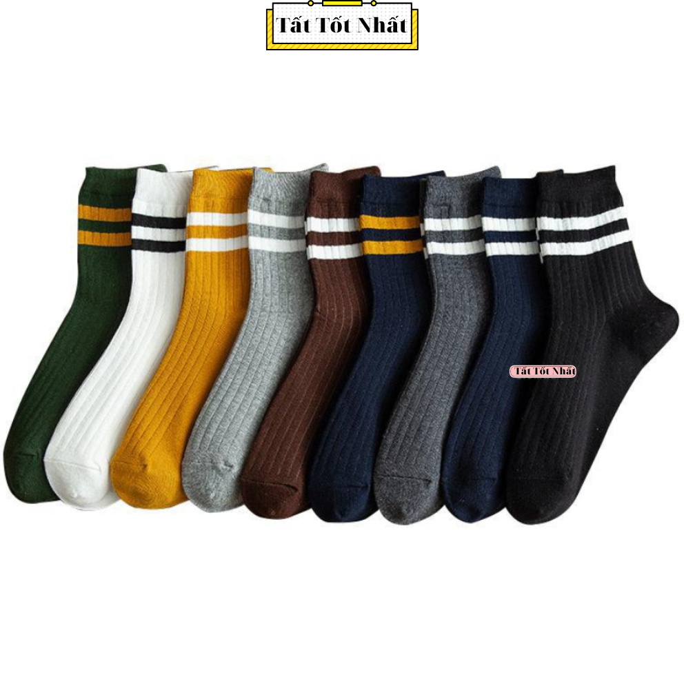 Set 10 đôi vớ cổ cao nam nữ chất cotton dày dặn tất cổ cao unisex họa tiết cổ 2 sọc ngang - c202