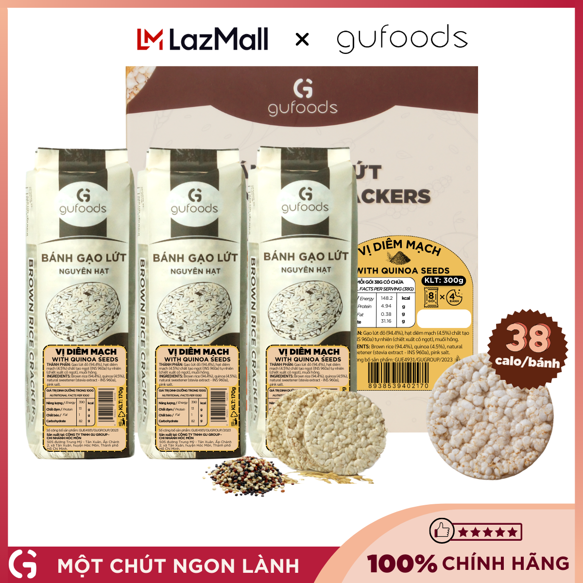 Bánh gạo lứt ăn kiêng diêm mạch GUfoods - Phù hợp Eat clean, Thực dưỡng, Tập Gym, Thuần chay