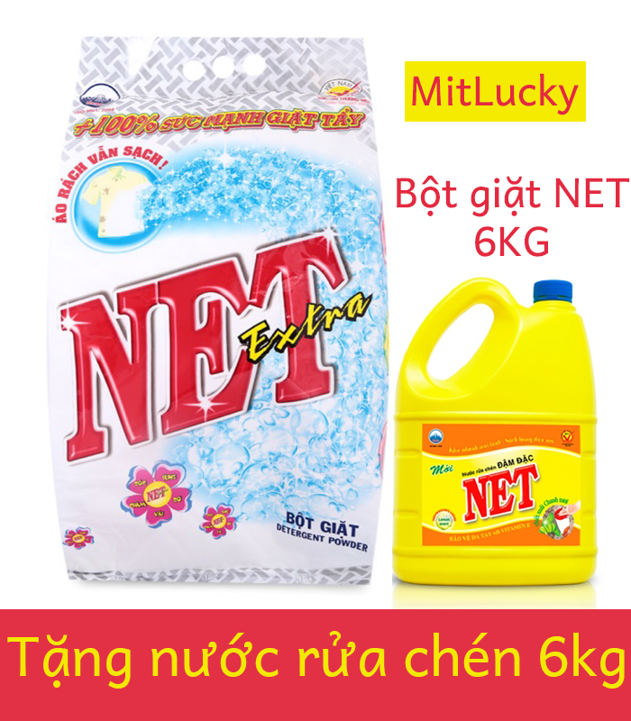 Bột giặt NET Extra 6kg tặng kèm 1 nước rửa chén 1.5Kg đậm đặc
