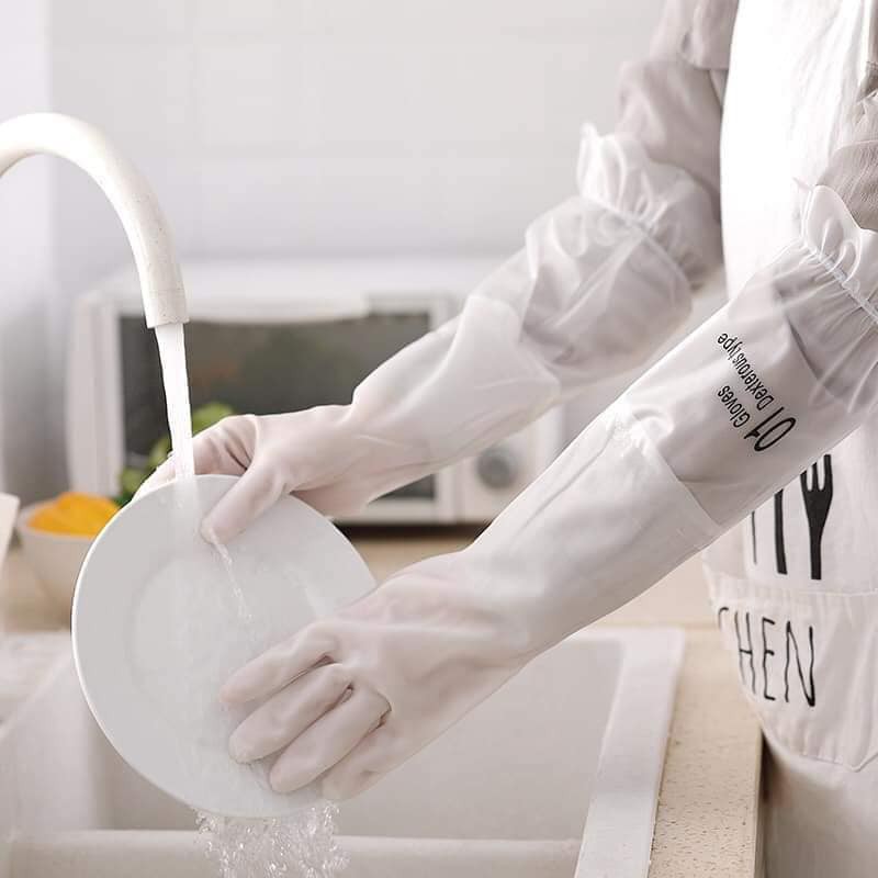 Găng tay cao su lót bông nỉ loại dài - Găng tay rửa bát làm bếp siêu dai không mùi