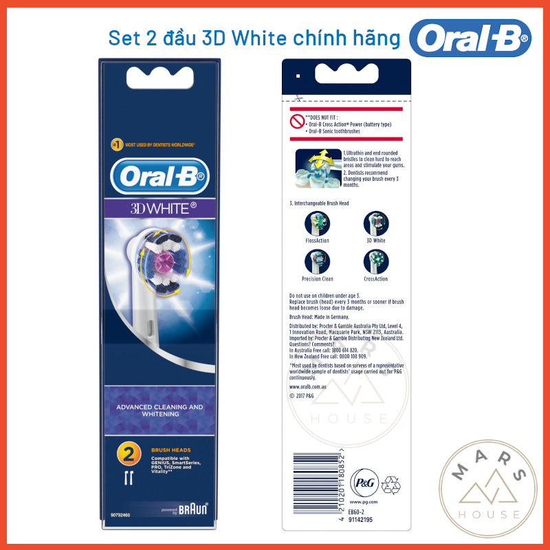 Vỉ 2 đầu bàn chải điện Oral-B Braun 3D White chính hãng