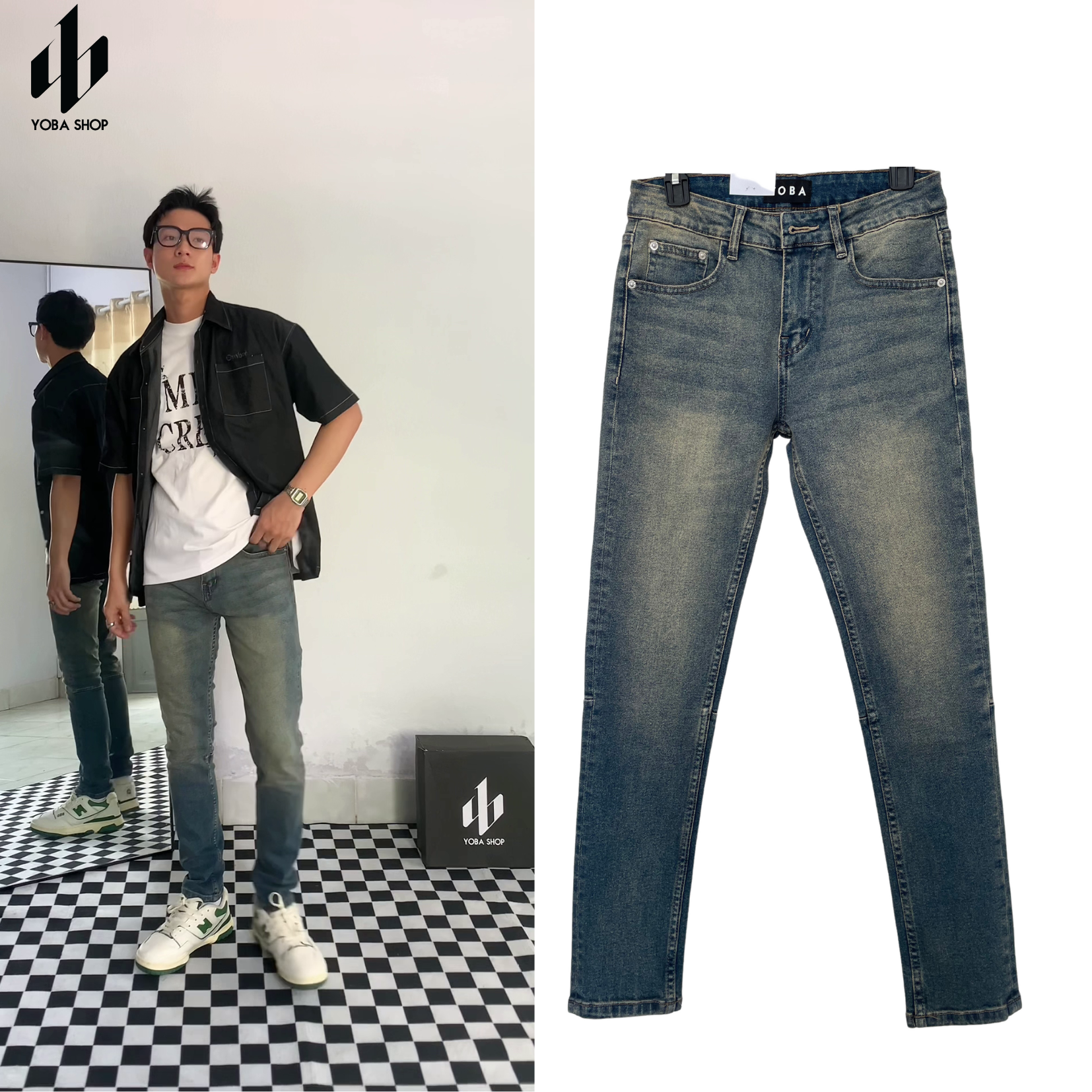 Quần jeans dài nam skinny wash rêu trơn siêu xịn đẹp 501