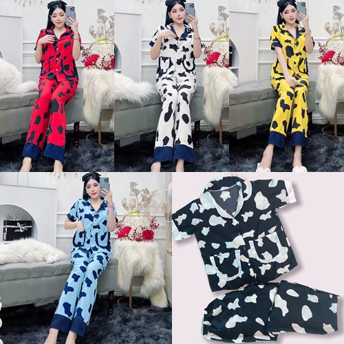 Đồ bộ pijama nữ tay ngắn quần dài vải lụa hàn mẫu bò sữa mềm mại size dưới 56kg