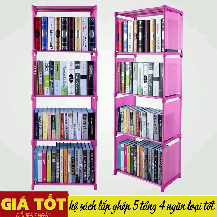 GIÁ ĐỰNG SÁCH, ĐỂ ĐỒ ĐA NĂNG LẮP GHÉP 5 TẦNG 4 NGĂN - TẶNG KÈM 2 MÓC DÁN TƯỜNG ĐA NĂNG