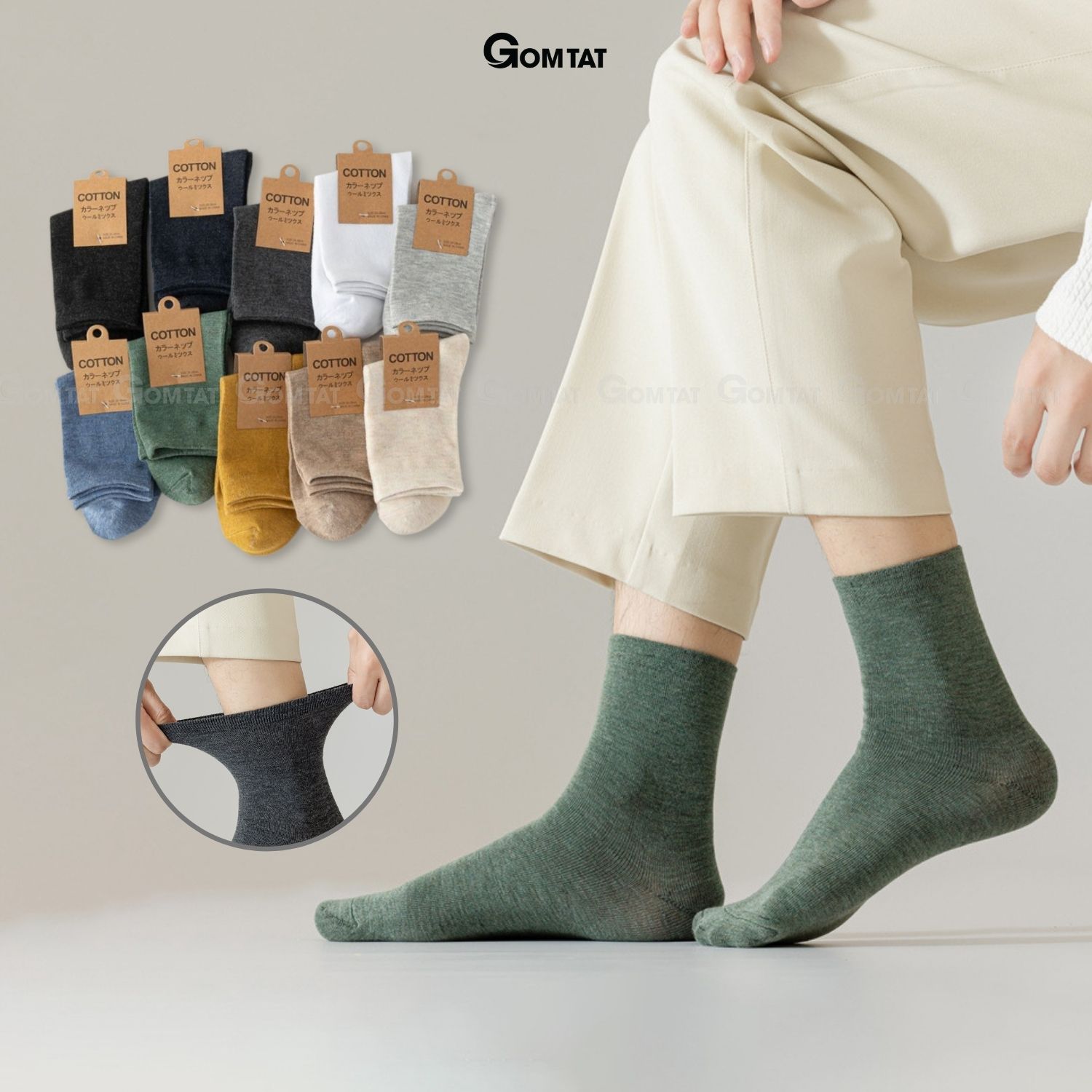  Set 10 đôi tất cổ cao nam nữ trơn màu GOMTAT chất liệu cotton co giãn mềm mại hút ẩm thoáng khí- TCC-KOL-1303-CB10 