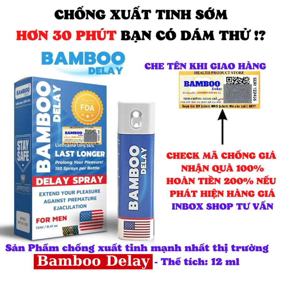Xịt chống xuất tinh sớm Bamboo Delay Spray USA, Chai 12ml