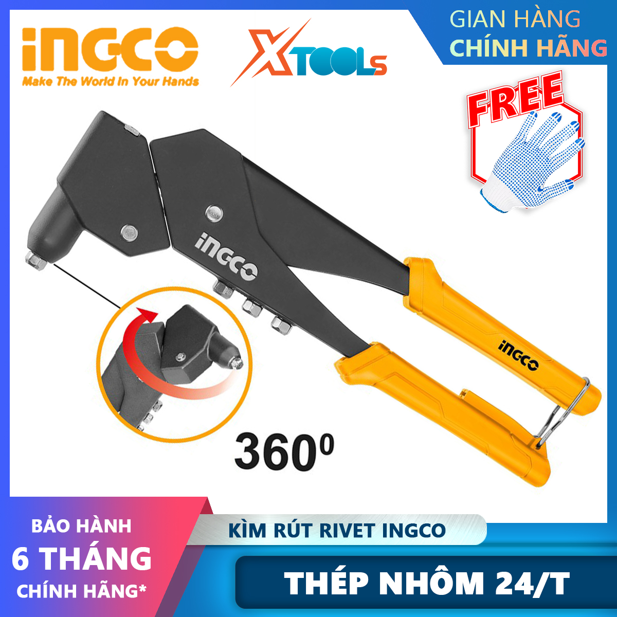 Kềm rút rivet 360 độ INGCO SHHR106 Kìm bấm rivet Kích thước: 10.5", 360độ Size:2.4mm,3.2mm,4mm,4.8mm dùng để rút, gỡ bỏ đinh XTOOLs
