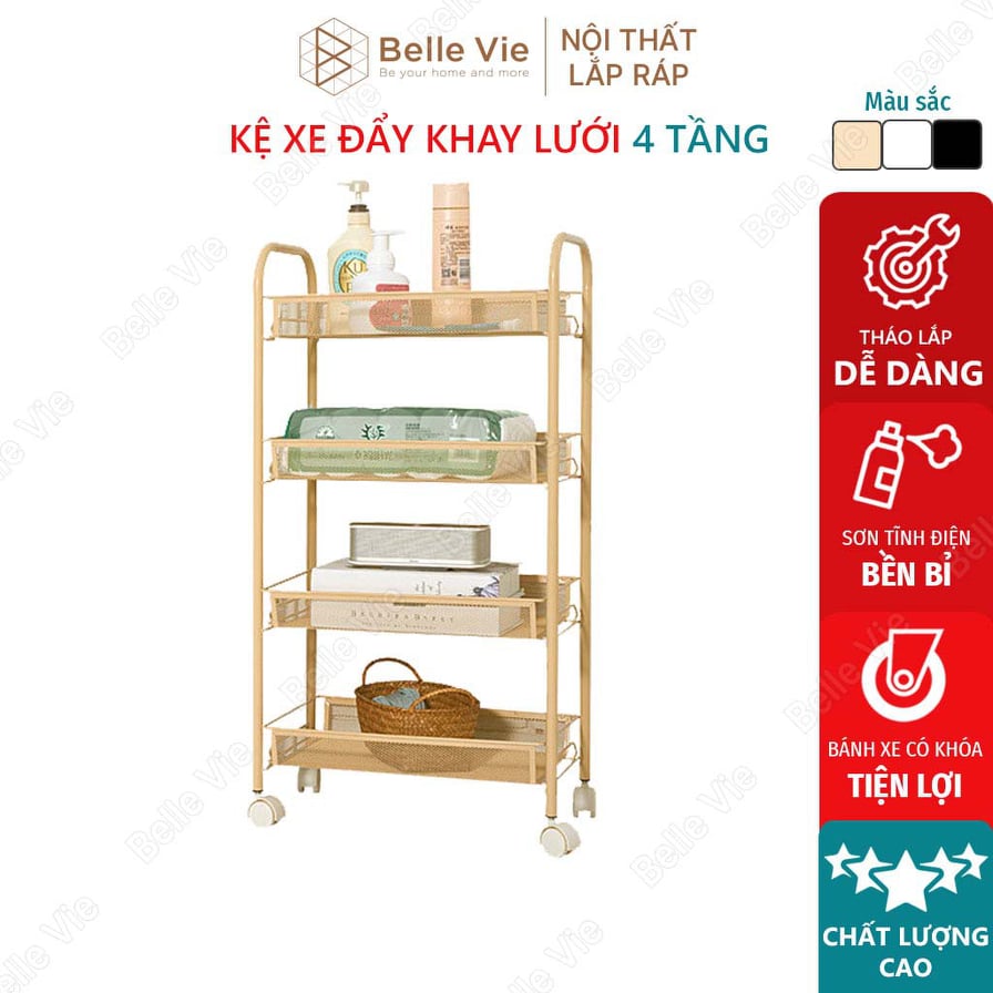 Kệ sắt đa năng 4 tầng bellive kệ xe đẩy spa khay lưới tiện lợi