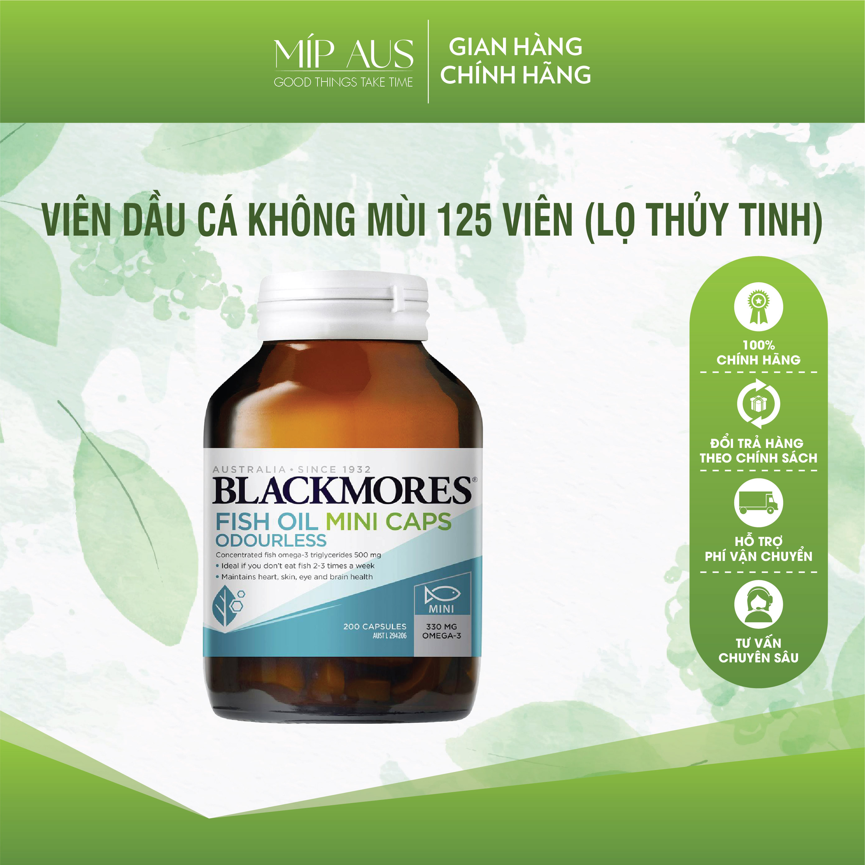Dầu cá khử mùi bổ sung omega-3 blackmores fish oil mini cap odourless lọ 200 viên