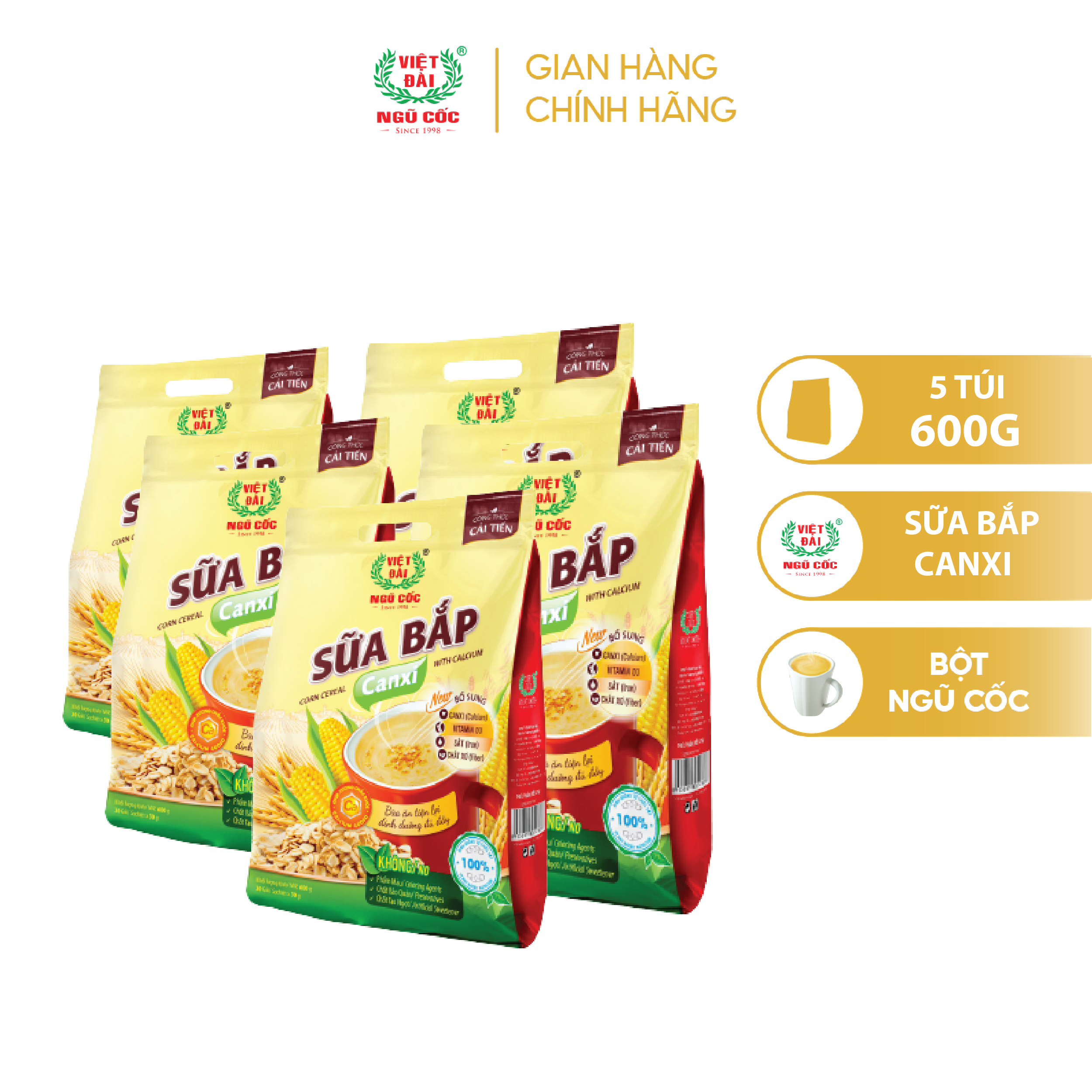Combo 5 Bột Ngũ Cốc Sữa Bắp Canxi VIỆT ĐÀI Bổ Sung Canxi Giúp Xương Chắc Khỏe Túi 600g