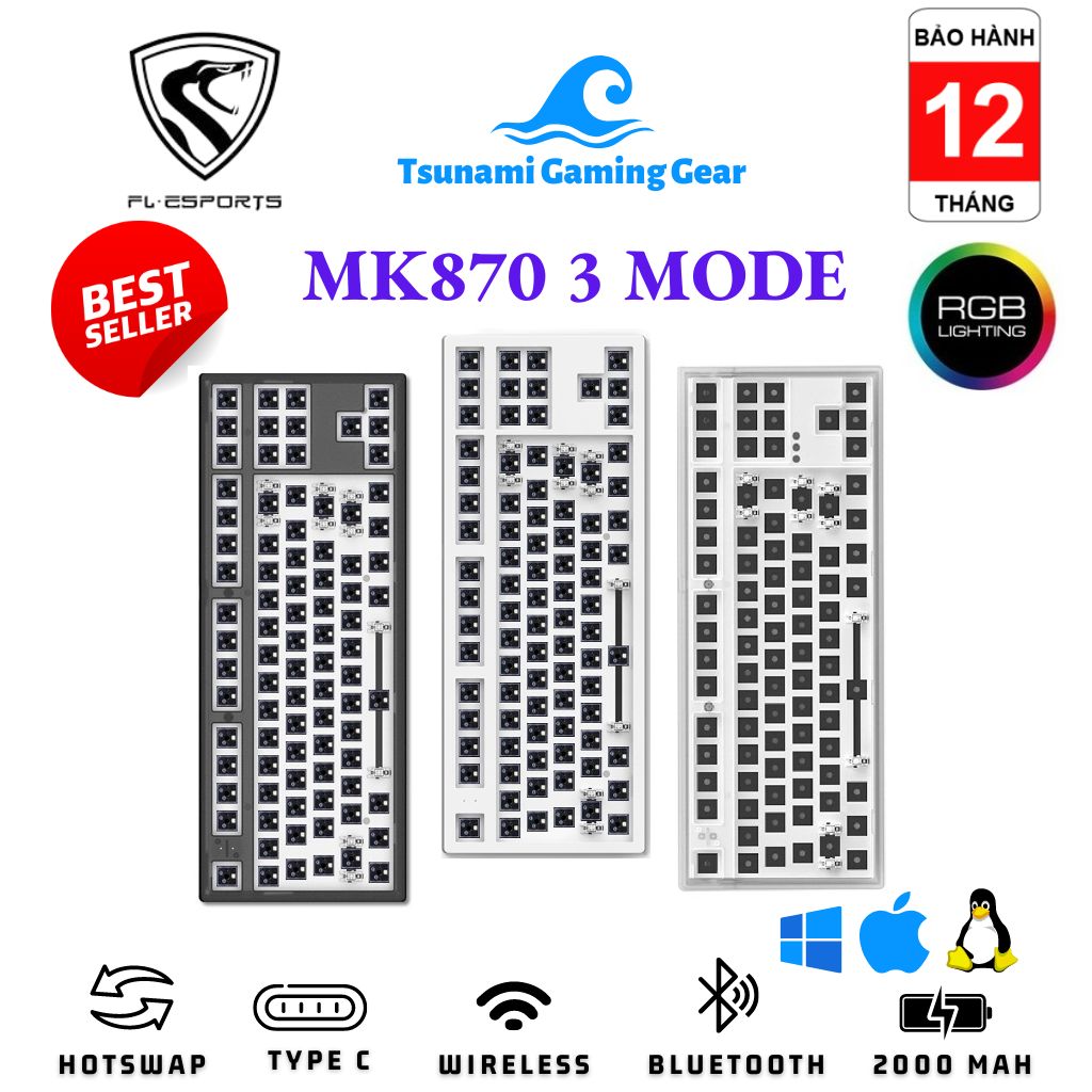 Bộ kit phím cơ FL-Esports MK870 3 MODE RGB/ Hotswap/ Wireless/ Bluetooth/ mạch xuôi sẵn foam - BH 12 tháng