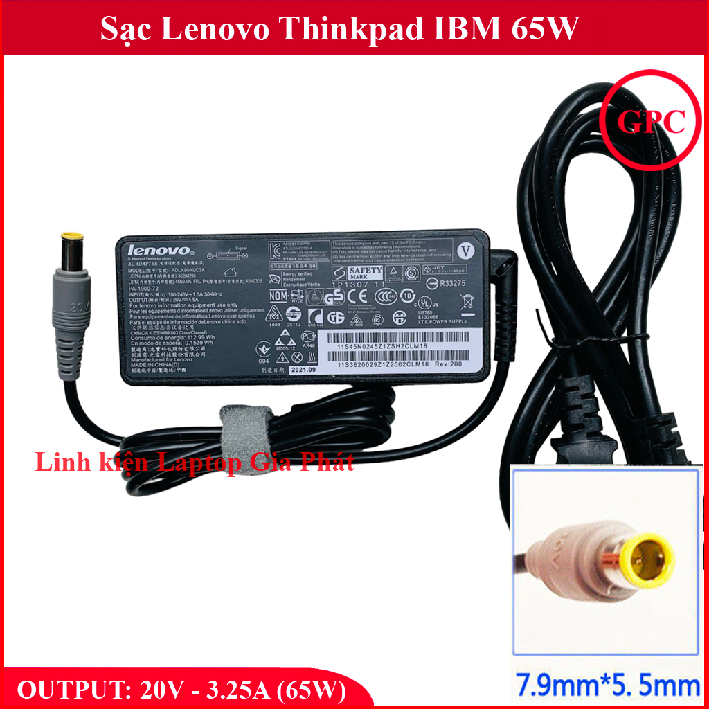 Sạc Laptop Lenovo 20V - 3.25A (65W) Chân Kim To dùng cho IBM - ThinkPad