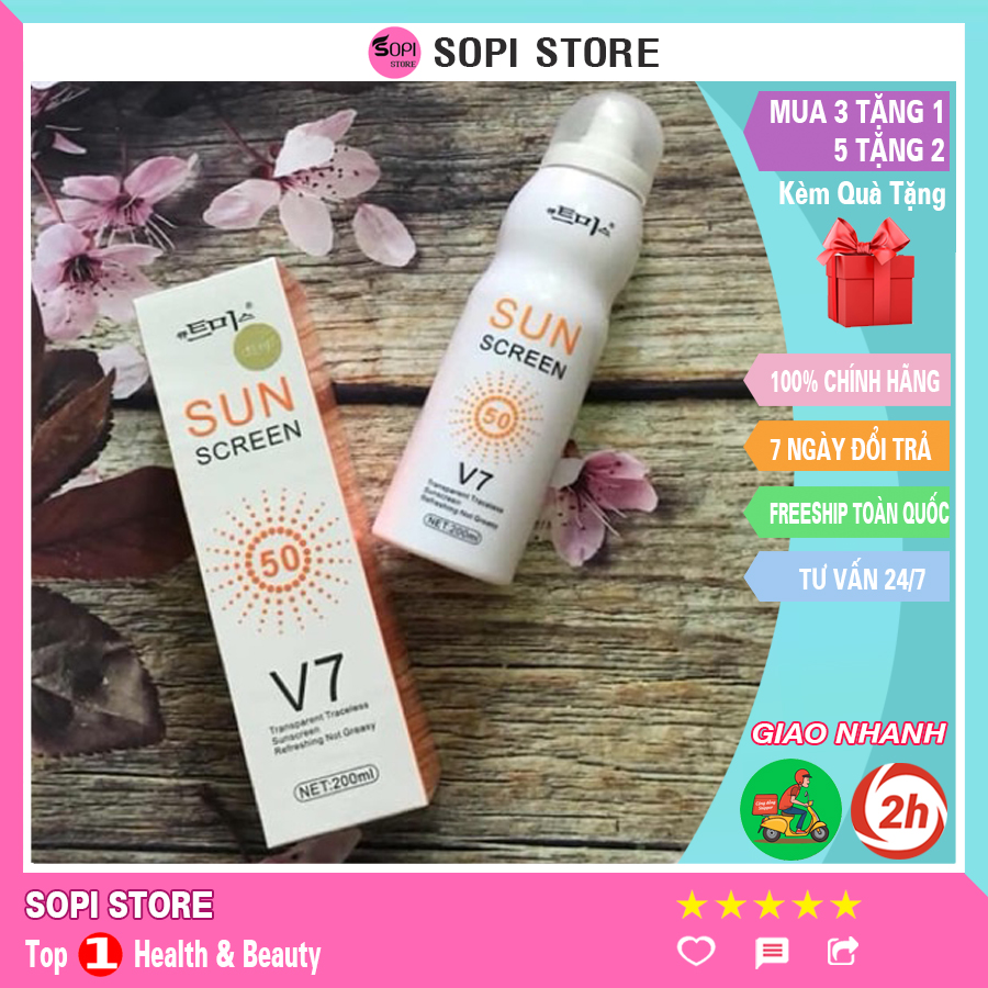 Xịt chống nắng sun screen v7 200ml hàn quốc nâng tone sáng da chống nước không bết dính spf50+